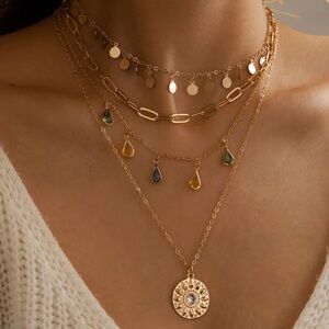Boho Layered Gold Crystal Necklace